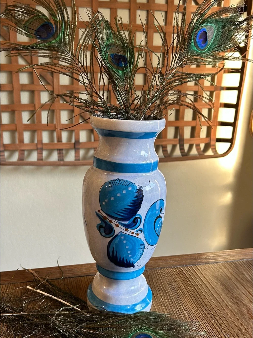 Blue Hand-Painted Pottery Vase with Bird and Floral Motif|Tonala Made in Mexico